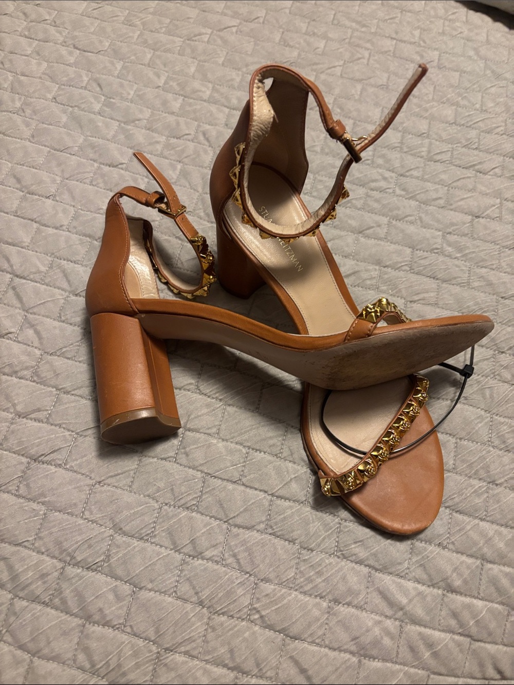 Stuart Weitzman Women's Tan Leather Block Heel Sandals - Picture 4 of 8